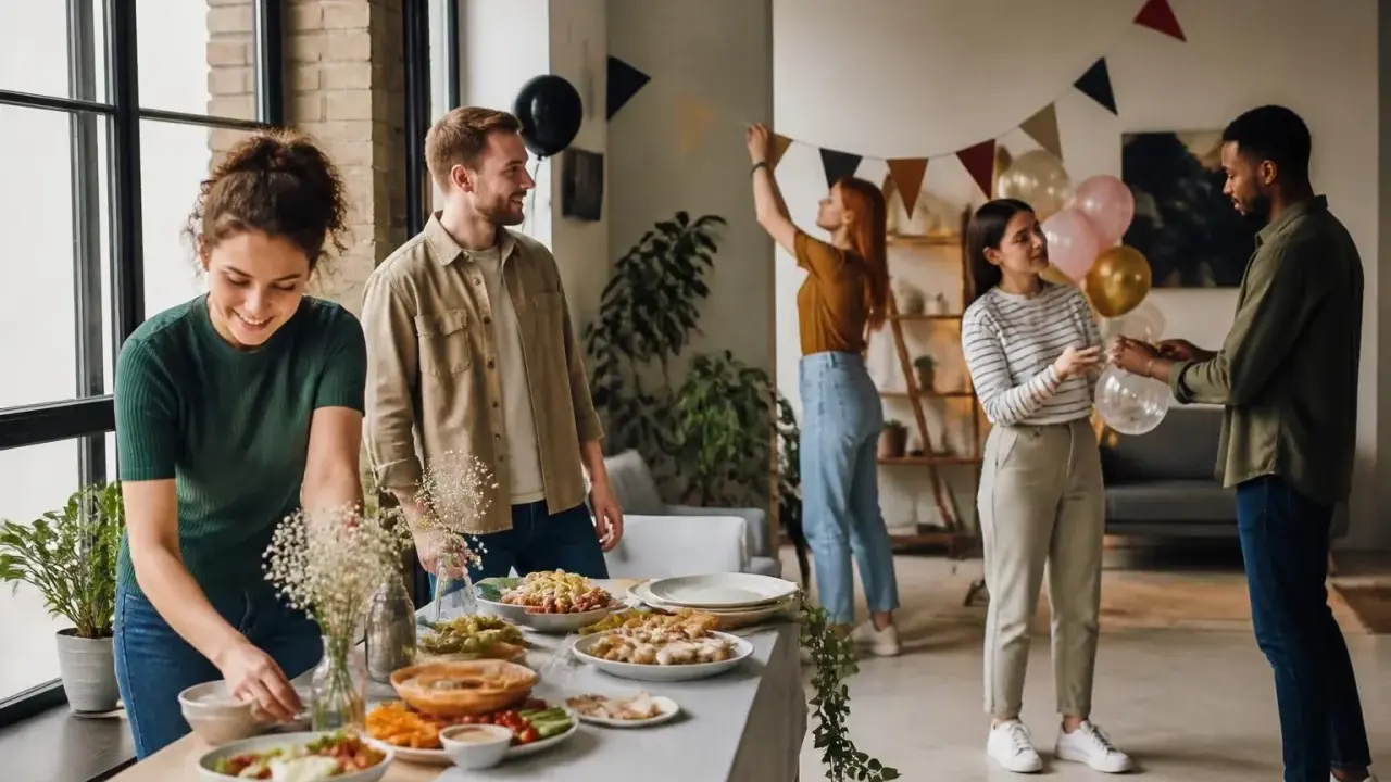 Préparatifs joyeux pour une fête familiale. Des amis décorent, gonflent des ballons et dressent une table garnie de plats savoureux.