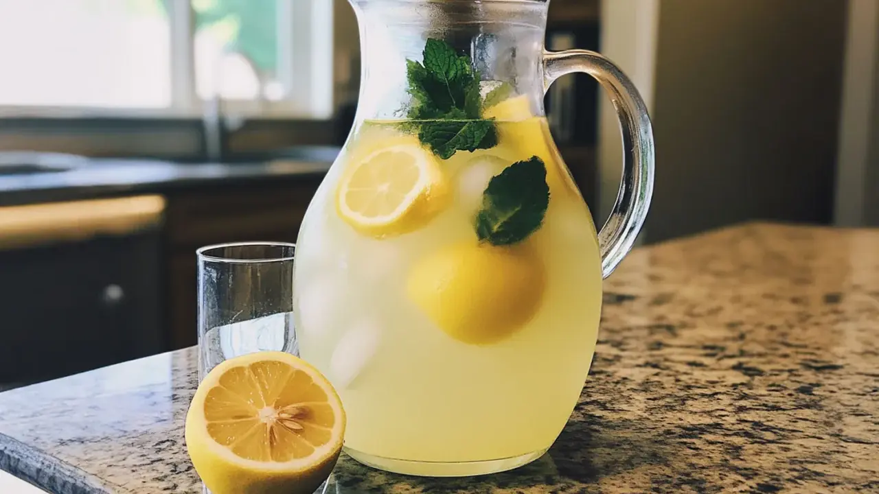 Un pichet de citronnade maison rafraîchissante, garni de citrons et de menthe, prêt à être servi avec un verre et un demi-citron sur un comptoir.