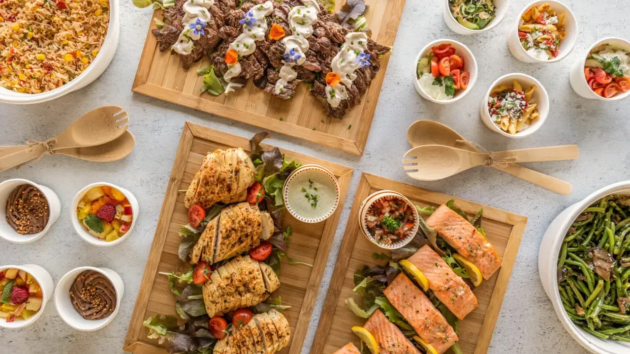 Un buffet déjeuner généreux avec viandes, poissons, salades et accompagnements variés.