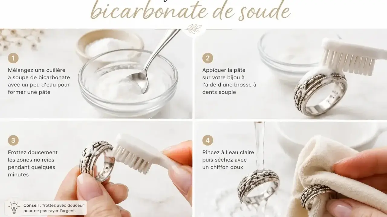 Nettoyage aluminium noirci : étapes pour redonner éclat à vos bijoux en argent avec du bicarbonate de soude.