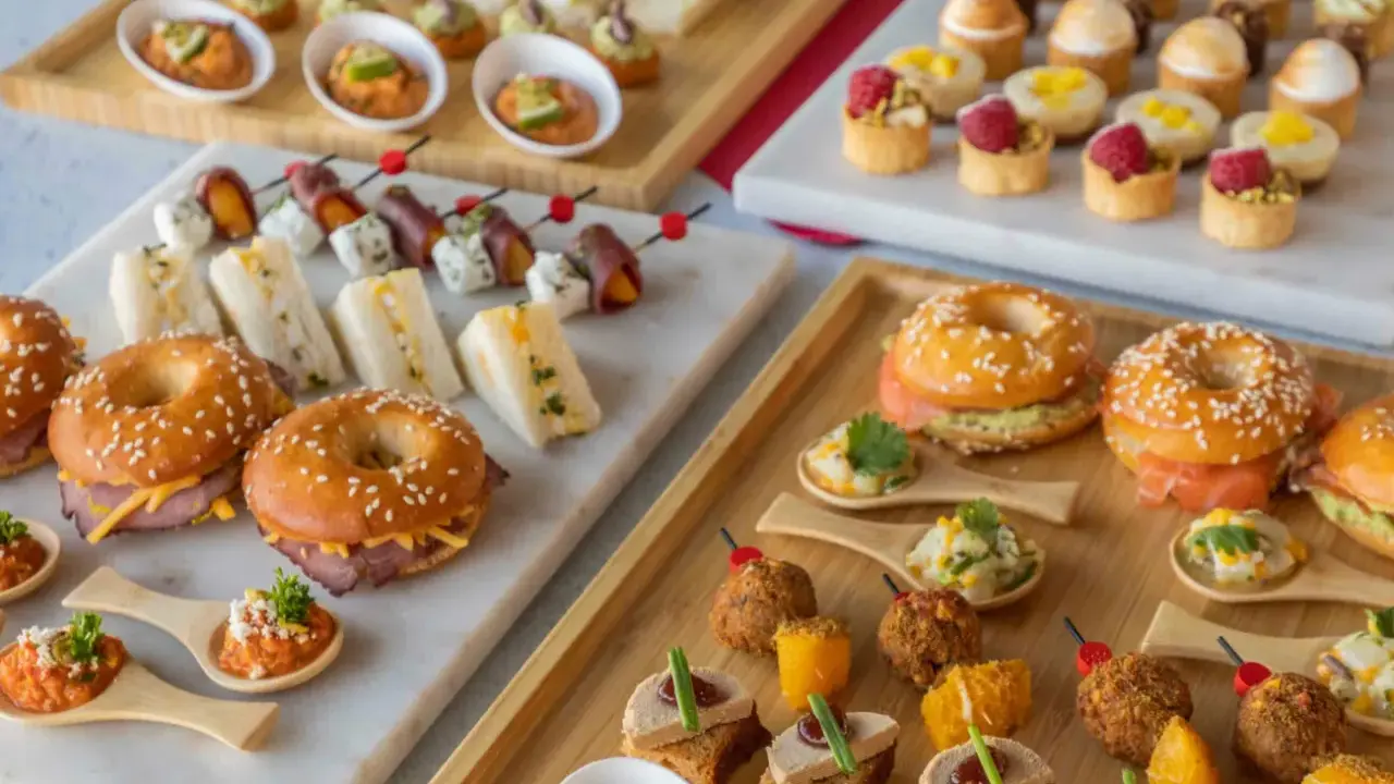 Plateau de finger food varié : mini-bagels, toasts, brochettes et verrines. Parfait pour un apéritif gourmand.