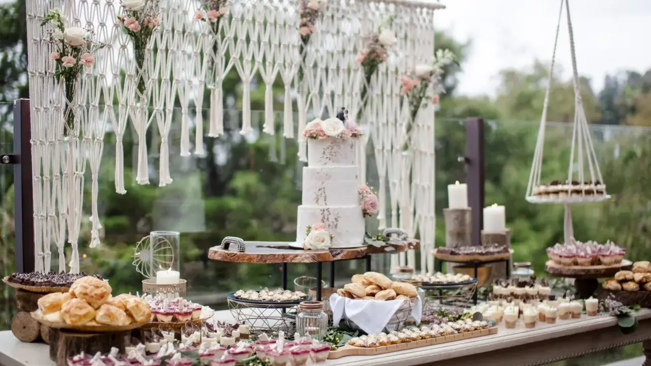 Un buffet de mariage bohème avec un gâteau à trois étages, des petits fours, des verrines et des pains. Une décoration macramé et florale complète cette idée repas mariage.