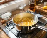 Une casserole de liquide doré bouillonne sur la cuisinière. Des ingrédients comme du sucre glace et un citron sont à proximité, suggérant une recette. Apprenez comment enlever du caramel dans une casserole.
