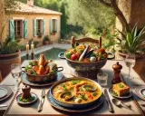 Un festin de fruits de mer et de légumes, un vrai repas provençal, servi sur une terrasse ensoleillée avec une piscine en arrière-plan.