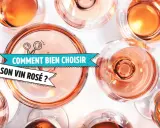 Vue aérienne de verres de vin rosé. Un bandeau indique "Comment bien choisir son vin rosé ?".