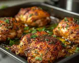Quatre morceaux de poulet rôtis, parsemés de persil frais, parfaits pour une recette poulet froid pour buffet.