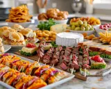 Un festin de petit four apéro : brochettes de viande, mini-sandwichs, fromages, olives et chips. Parfait pour un apéritif convivial.