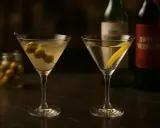 Deux martinis, l'un garni de trois olives, l'autre d'un zeste de citron. Un pot d'olives et des bouteilles de vermouth en arrière-plan.