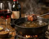 Un morceau de bœuf est plongé dans l'huile bouillante d'une fondue bourguignonne. Un verre de vin rouge et des sauces accompagnent ce plat savoureux.