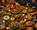 Un groupe d'amis partage un déjeuner convivial autour d'une table remplie de plats variés et colorés.