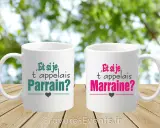 Deux tasses blanches avec l'inscription "Et si je t'appelais Parrain?" et "Et si je t'appelais Marraine?", parfaites pour une animation baptême parrain marraine.
