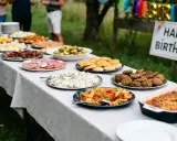 Buffet d'anniversaire en plein air : salades, charcuterie, boulettes et gratins composent ce repas d'anniversaire original et pas cher.