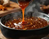 Une sauce épaisse et brillante, probablement une marinade teriyaki, coule d'un pichet dans un bol. Des bulles dorées flottent à la surface.
