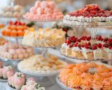 Un magnifique buffet dessert avec macarons roses, tartes aux fruits rouges et gâteaux individuels garnis de crème et de fruits.