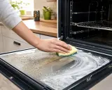 Main d'une personne nettoyant la vitre d'un four avec une éponge, laissant une trace blanche de produit nettoyant.