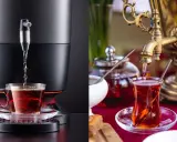Comparaison de deux méthodes de préparation du thé : un samovar traditionnel et un distributeur moderne. Le samovar fonctionnement est illustré par un robinet doré versant du thé dans un verre.