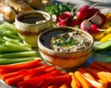 Assiette colorée de crudités avec deux bols d'anchoïade recette traditionnelle, pain et radis.