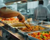 Un cuisinier sert des plats colorés dans des bacs GN 2/1. Des légumes frais et des céréales composent ce buffet appétissant.