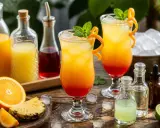 Deux cocktails sans alcool anniversaire aux couleurs vives, garni de menthe et d'écorce d'orange, avec des fruits frais et des jus en arrière-plan.