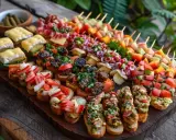 Un plateau garni de bruschettas variées et de brochettes colorées, parfait pour un apéro pas cher pour 20 personnes.