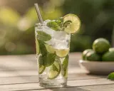 Un verre de cocktail sans citron, rempli de glaçons, menthe fraîche et rondelles de citron vert, sur une table en bois.