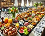 Un somptueux buffet petit déjeuner avec viennoiseries, fruits frais, jus d'orange, café et fromages.