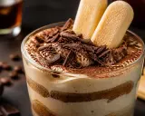 Un délicieux tiramisu, avec des couches de biscuits à la cuillère imbibés de café et de crème, saupoudré de cacao et garni de copeaux de chocolat noir. Un vrai plaisir moka chocolat.