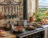 Cuisine rustique avec ustensiles en cuivre et acier inoxydable, montrant l'avantage acier inoxydable pour une cuisson parfaite. Paysage bucolique en arrière-plan.
