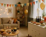 Décoration festive pour une pendaison de crémaillère : guirlandes, ballons, canapés confortables et buffet garni de mets délicieux.