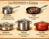 Illustration des ustensiles de cuisine. La différence entre cocotte et faitout est claire : la cocotte est rouge et idéale pour les braisés, le faitout est argenté pour soupes et bouillons.