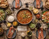 Un festin pour une cousinade : un buffet généreux avec salades, riz, ragoût, pain et guacamole.