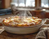 Un plat gratiné et fumant sort du four, prêt à être dégusté. La chaleur s'échappe doucement, promettant un délice réconfortant.