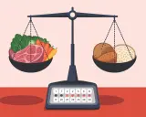 Balance alimentaire : une balance pèse une pièce de viande pour un anniversaire avec des légumes d'un côté, et du pain de l'autre.