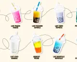Dix bubble tea aux saveurs variées : mangue fraise, fraise, passion tapioca, taro, pomme verte myrtille, papaye citron, coco ananas, abricot pêche, myrtille, et myrtille pomme verte.