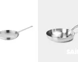 Deux poêles en inox ou aluminium, l'une à gauche, l'autre à droite avec le logo SAINE.