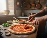 Une main étalant de la sauce tomate sur une pâte à pizza, des ingrédients frais à proximité, pour faire une pizza maison.