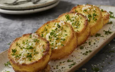 Cinq rondelles dorées de polenta croustillante, saupoudrées de persil frais et de parmesan râpé, sur un plateau.