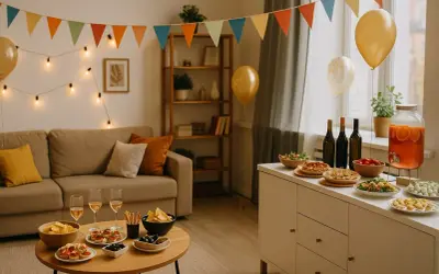 Décoration festive pour une pendaison de crémaillère : guirlandes, ballons, canapés confortables et buffet garni de mets délicieux.