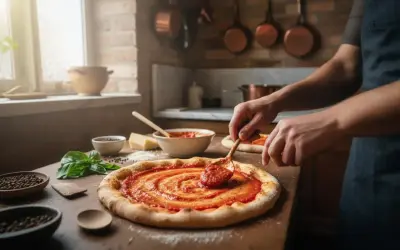 Une main étalant de la sauce tomate sur une pâte à pizza, des ingrédients frais à proximité, pour faire une pizza maison.
