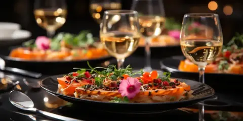 Un délicieux repas EVJF avec des assiettes raffinées, des garnitures colorées et des verres de vin blanc pétillant.