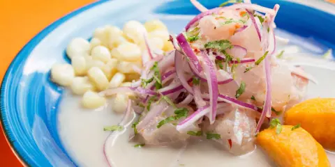 Ceviche frais baignant dans un leche de tigre crémeux, garni d'oignons rouges, de coriandre, de maïs et de patate douce.