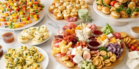 Plateau de petits fours salés froids : brochettes de légumes colorés, roulés, mini-sandwichs et assortiment de fromages et charcuteries.