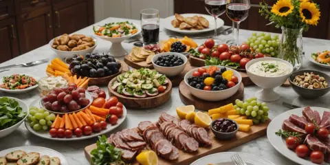 Un apéritif dinatoire généreux : charcuteries, fromages, fruits frais, légumes croquants et dips variés, prêt à régaler.