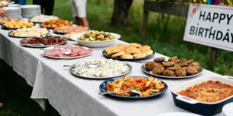 Buffet d'anniversaire en plein air : salades, charcuterie, boulettes et gratins composent ce repas d'anniversaire original et pas cher.
