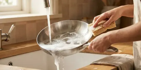 Main d'une personne nettoyant une poêle Tefal avec du vinaigre blanc et une éponge sous un robinet d'eau savonneuse.
