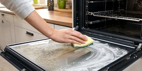 Main d'une personne nettoyant la vitre d'un four avec une éponge, laissant une trace blanche de produit nettoyant.