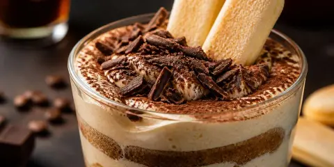 Un délicieux tiramisu, avec des couches de biscuits à la cuillère imbibés de café et de crème, saupoudré de cacao et garni de copeaux de chocolat noir. Un vrai plaisir moka chocolat.