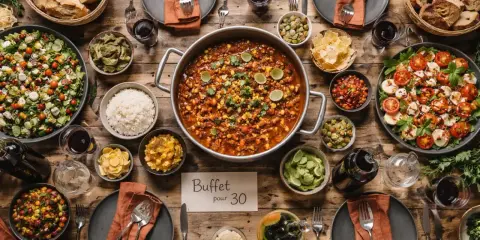 Un festin pour une cousinade : un buffet généreux avec salades, riz, ragoût, pain et guacamole.