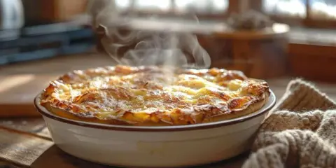 Un plat gratiné et fumant sort du four, prêt à être dégusté. La chaleur s'échappe doucement, promettant un délice réconfortant.