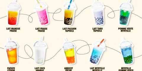 Dix bubble tea aux saveurs variées : mangue fraise, fraise, passion tapioca, taro, pomme verte myrtille, papaye citron, coco ananas, abricot pêche, myrtille, et myrtille pomme verte.